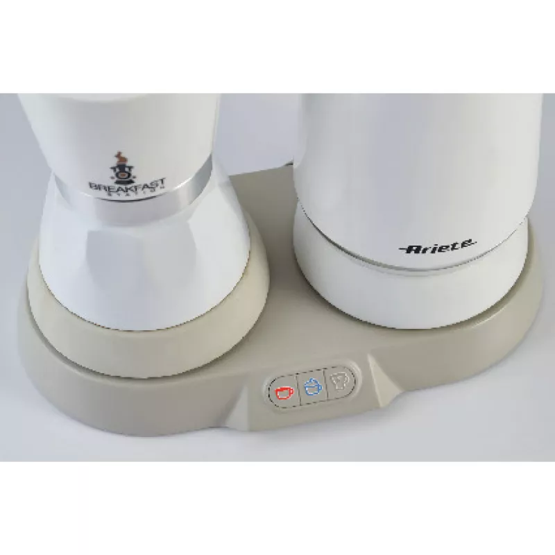 Ariete 1344 Brokastu stacija, 3 produkti vienā: mokas katliņš, tējkanna, karstā un aukstā piena putotājs, 500 W, 2/4 krūzes, saglabā kafiju karstu, 5 funkcijas, balta