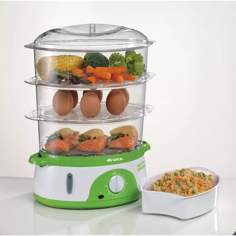 Ariete 911 Healthy Steam - Elektriskais tvaicētājs - 3 grozi - Rīsu trauks - Taimeris 60 min - 800 W - 9 litri - Balta un zaļa