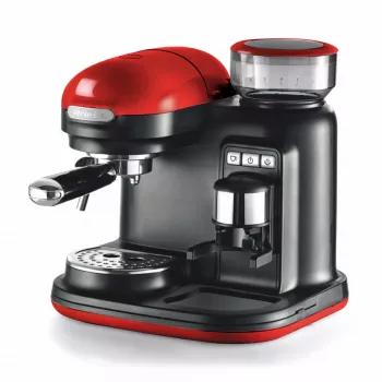 Ariete 1318 Moderna espresso automāts ar integrētu kafijas dzirnaviņu, kafijas pupiņām un maltai kafijai, piena putotājs kapučīno pagatavošanai, 1 un 2 tasīšu filtrs, 1080 W, 800 ml, sarkans