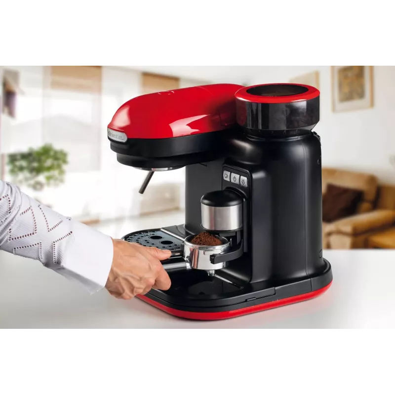 Ariete 1318 Moderna espresso automāts ar integrētu kafijas dzirnaviņu, kafijas pupiņām un maltai kafijai, piena putotājs kapučīno pagatavošanai, 1 un 2 tasīšu filtrs, 1080 W, 800 ml, sarkans