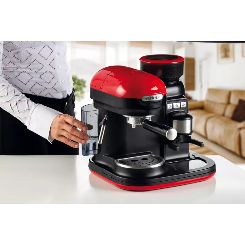 Ariete 1318 Moderna espresso automāts ar integrētu kafijas dzirnaviņu, kafijas pupiņām un maltai kafijai, piena putotājs kapučīno pagatavošanai, 1 un 2 tasīšu filtrs, 1080 W, 800 ml, sarkans