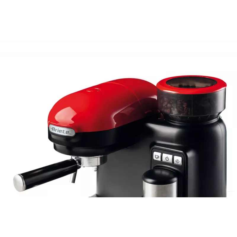 Ariete 1318 Moderna espresso automāts ar integrētu kafijas dzirnaviņu, kafijas pupiņām un maltai kafijai, piena putotājs kapučīno pagatavošanai, 1 un 2 tasīšu filtrs, 1080 W, 800 ml, sarkans