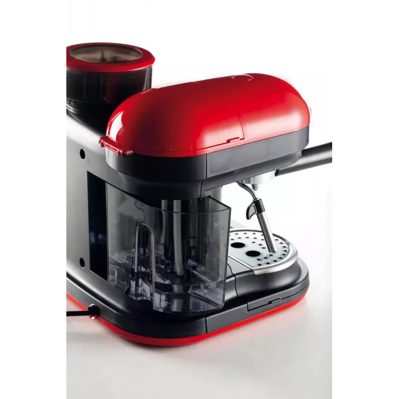 Ariete 1318 Moderna espresso automāts ar integrētu kafijas dzirnaviņu, kafijas pupiņām un maltai kafijai, piena putotājs kapučīno pagatavošanai, 1 un 2 tasīšu filtrs, 1080 W, 800 ml, sarkans