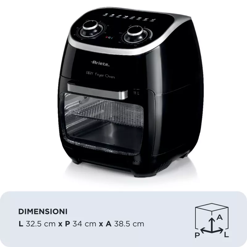 Ariete 4619 Airy Fryer Oven - gaisa fritieris un elektriskā cepeškrāsns ar rotisserie - rotējošs grozs - žāvētājs - 2000 W - 11 litri - tērauds