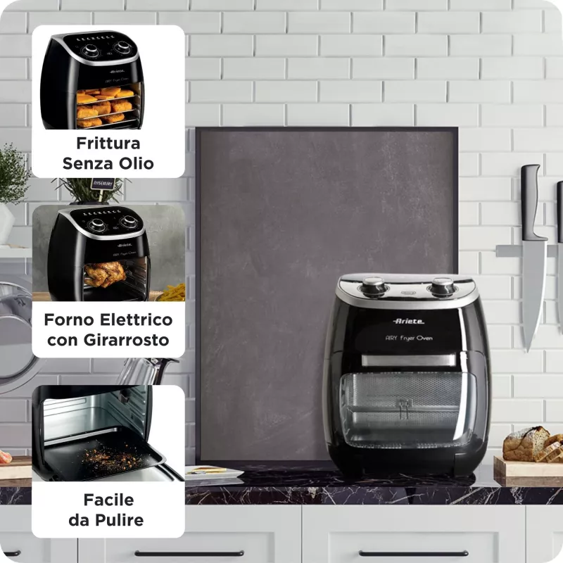 Ariete 4619 Airy Fryer Oven - gaisa fritieris un elektriskā cepeškrāsns ar rotisserie - rotējošs grozs - žāvētājs - 2000 W - 11 litri - tērauds