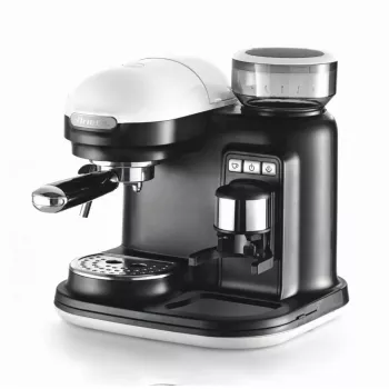 Ariete 1318 Moderna espresso automāts ar iebūvētu kafijas dzirnaviņu, kafijas pupiņām un maltai kafijai, piena putošanas kapučīno pagatavotājs, 1 un 2 tasīšu filtrs, 1080 W, 800 cc, balts