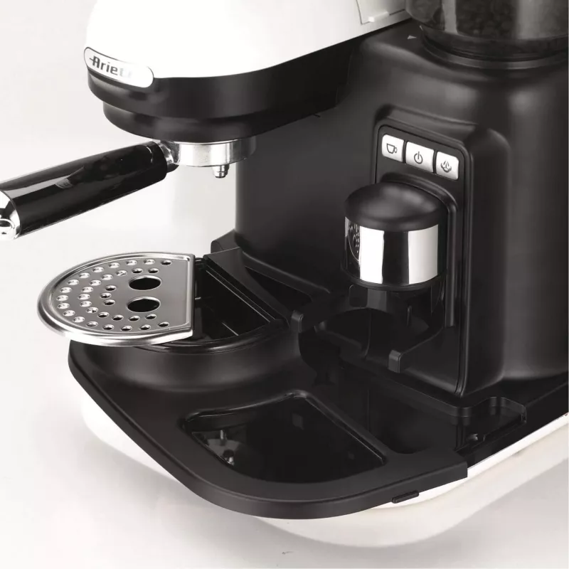 Ariete 1318 Moderna espresso automāts ar iebūvētu kafijas dzirnaviņu, kafijas pupiņām un maltai kafijai, piena putošanas kapučīno pagatavotājs, 1 un 2 tasīšu filtrs, 1080 W, 800 cc, balts