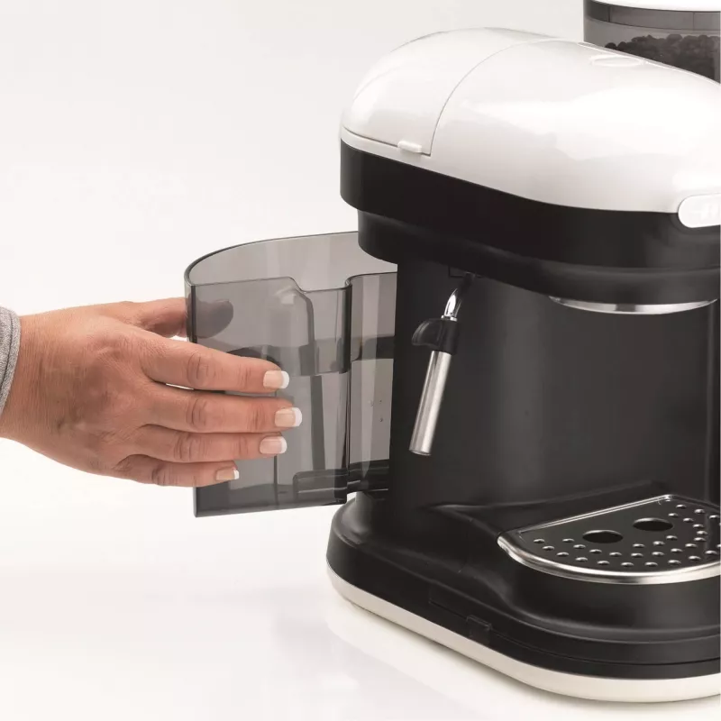 Ariete 1318 Moderna espresso automāts ar iebūvētu kafijas dzirnaviņu, kafijas pupiņām un maltai kafijai, piena putošanas kapučīno pagatavotājs, 1 un 2 tasīšu filtrs, 1080 W, 800 cc, balts