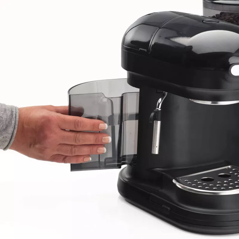 Ariete 1318 Moderna Espresso automāts ar iebūvētu kafijas dzirnaviņu, kafijas pupiņām un maltai kafijai, piena putotājs kapučīno pagatavošanai, 1 un 2 tasīšu filtri, 1080 W, 800 cc, melna