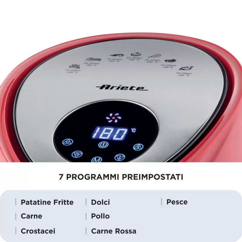 Ariete 4618 Airy Fryer XXL - gaisa fritieris - cep līdz 2,5 kg frī kartupeļu - 7 litri - gatavošana bez eļļas un taukiem - 1800 W - sarkans