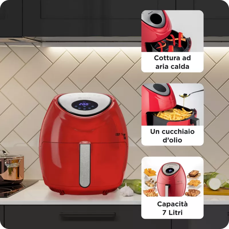 Ariete 4618 Airy Fryer XXL - gaisa fritieris - cep līdz 2,5 kg frī kartupeļu - 7 litri - gatavošana bez eļļas un taukiem - 1800 W - sarkans