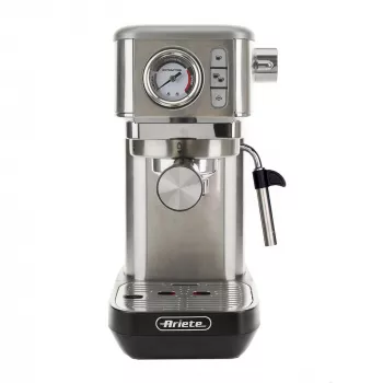 Ariete 1381 kafijas automāts ar manometru, saderīgs ar maltu kafiju un ESE kafijas pākstiņiem, 1300 W, 1,1 L tvertnes tilpums, 15 bāru spiediens, filtrs ½ krūzei, kapučīno pagatavošanas ierīce, sudraba krāsā
