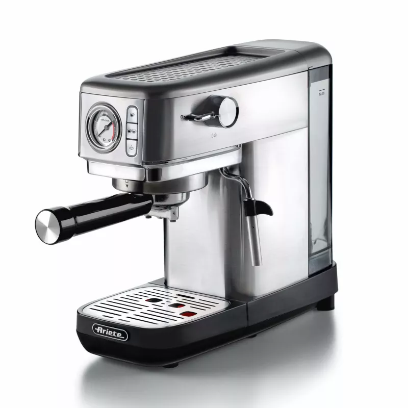 Ariete 1381 kafijas automāts ar manometru, saderīgs ar maltu kafiju un ESE kafijas pākstiņiem, 1300 W, 1,1 L tvertnes tilpums, 15 bāru spiediens, filtrs ½ krūzei, kapučīno pagatavošanas ierīce, sudraba krāsā