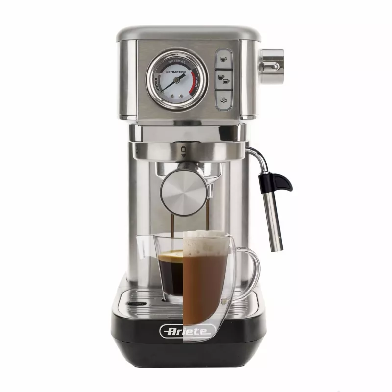 Ariete 1381 kafijas automāts ar manometru, saderīgs ar maltu kafiju un ESE kafijas pākstiņiem, 1300 W, 1,1 L tvertnes tilpums, 15 bāru spiediens, filtrs ½ krūzei, kapučīno pagatavošanas ierīce, sudraba krāsā