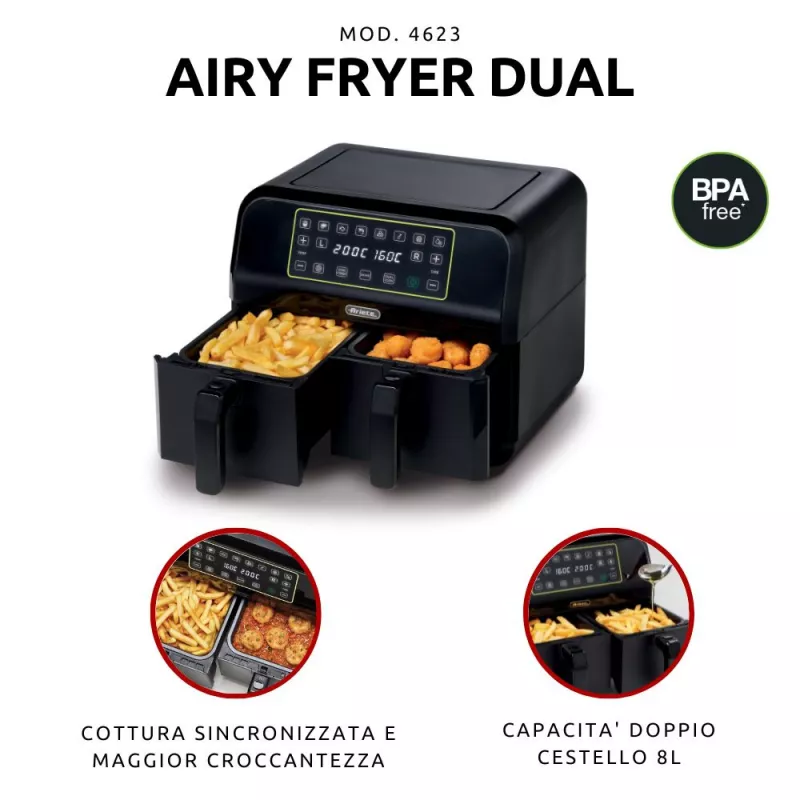 Ariete 4623 Airy Fryer Dual, gaisa fritieris ar dubulto grozu, 1700 W, 8L ietilpība, 3 gatavošanas funkcijas, digitāls LED skārienpanelis, 8 iepriekš iestatītas programmas, taimeris, 2 grozi, melns