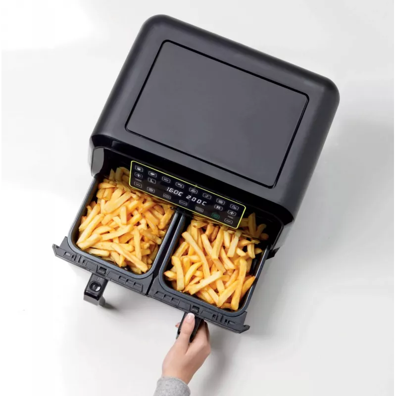 Ariete 4623 Airy Fryer Dual, gaisa fritieris ar dubulto grozu, 1700 W, 8L ietilpība, 3 gatavošanas funkcijas, digitāls LED skārienpanelis, 8 iepriekš iestatītas programmas, taimeris, 2 grozi, melns