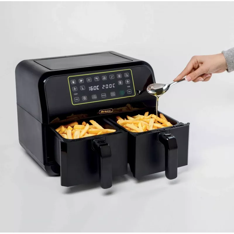 Ariete 4623 Airy Fryer Dual, gaisa fritieris ar dubulto grozu, 1700 W, 8L ietilpība, 3 gatavošanas funkcijas, digitāls LED skārienpanelis, 8 iepriekš iestatītas programmas, taimeris, 2 grozi, melns