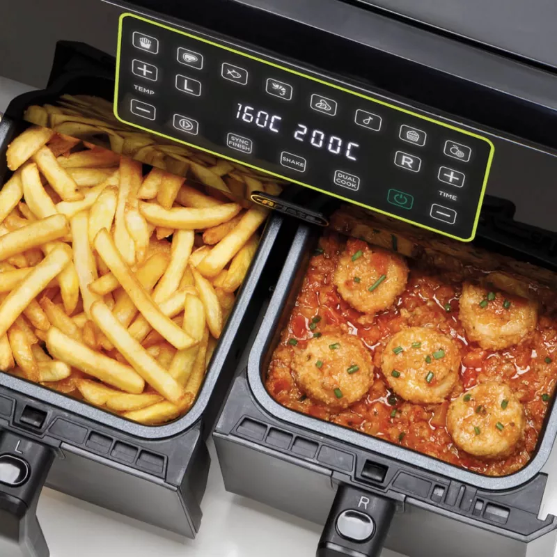 Ariete 4623 Airy Fryer Dual, gaisa fritieris ar dubulto grozu, 1700 W, 8L ietilpība, 3 gatavošanas funkcijas, digitāls LED skārienpanelis, 8 iepriekš iestatītas programmas, taimeris, 2 grozi, melns