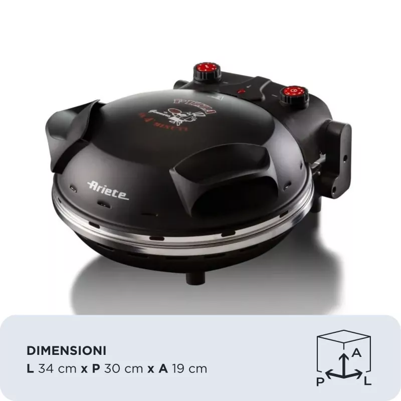 Ariete 917 picas krāsns - pica 4 minūtēs - ugunsizturīga akmens plāksne ar nepiedegošu apstrādi - maksimālā temperatūra 400 ° - 1200 W - taimeris 30 min - melna