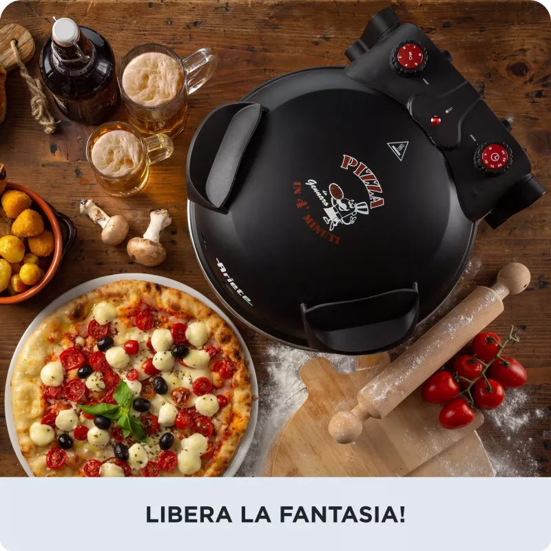 Ariete 917 picas krāsns - pica 4 minūtēs - ugunsizturīga akmens plāksne ar nepiedegošu apstrādi - maksimālā temperatūra 400 ° - 1200 W - taimeris 30 min - melna