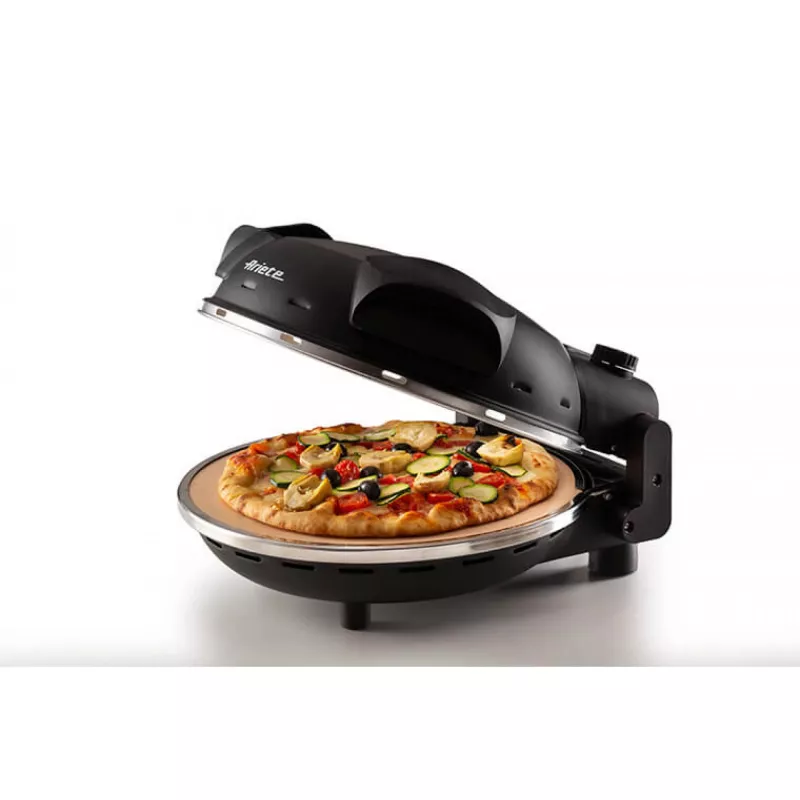 Ariete 917 picas krāsns - pica 4 minūtēs - ugunsizturīga akmens plāksne ar nepiedegošu apstrādi - maksimālā temperatūra 400 ° - 1200 W - taimeris 30 min - melna