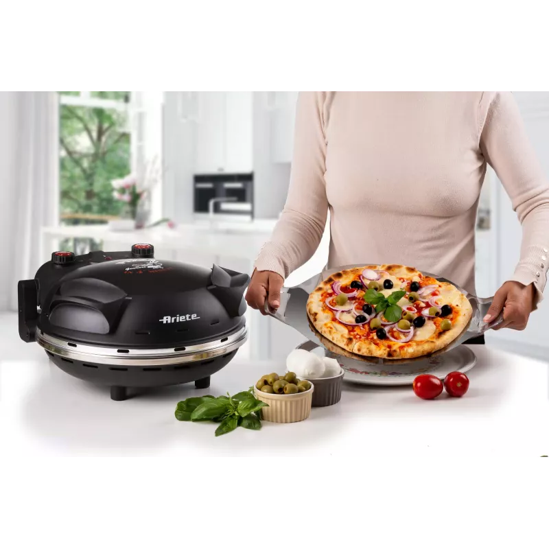 Ariete 917 picas krāsns - pica 4 minūtēs - ugunsizturīga akmens plāksne ar nepiedegošu apstrādi - maksimālā temperatūra 400 ° - 1200 W - taimeris 30 min - melna