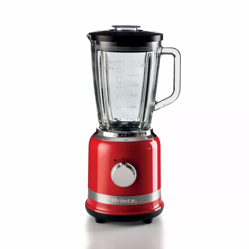 Ariete Moderna sarkanais blenderis ar stikla trauku, Galda blenderis, 1,5 L, Impulsa funkcija, Ledus smalcināšana, 1000 W, Sarkans