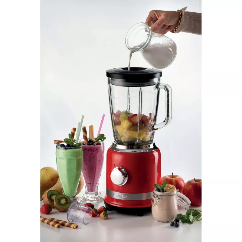 Ariete Moderna sarkanais blenderis ar stikla trauku, Galda blenderis, 1,5 L, Impulsa funkcija, Ledus smalcināšana, 1000 W, Sarkans