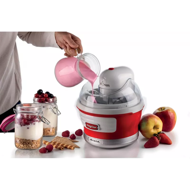 Ariete 643 Saldējuma gatavotājs Party Time, saldējuma gatavošanas iekārta, 12W, 1,5 L tilpums, noņemams grozs ar dubultu izolāciju, pagatavošanas laiks 30 minūtes, vāks sastāvdaļu pievienošanai, sarkana