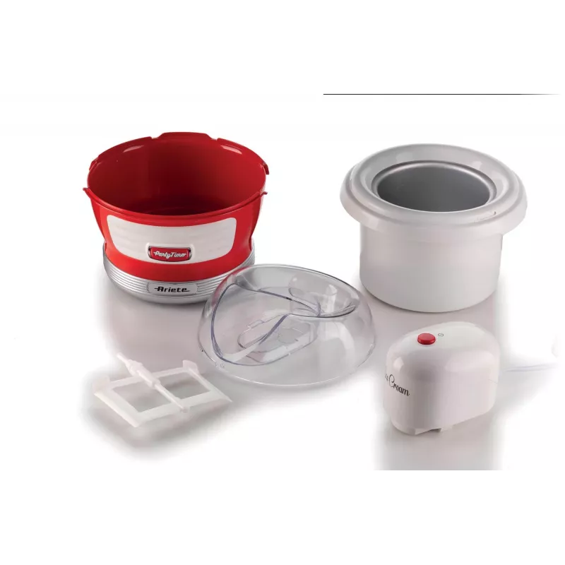 Ariete 643 Saldējuma gatavotājs Party Time, saldējuma gatavošanas iekārta, 12W, 1,5 L tilpums, noņemams grozs ar dubultu izolāciju, pagatavošanas laiks 30 minūtes, vāks sastāvdaļu pievienošanai, sarkana