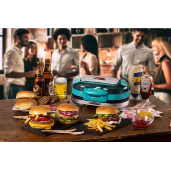 Ariete 205 Hamburger Maker Party Time, hamburgeru gatavošanas iekārta, 1200 W, dubultas nelīpošās plātnes, 2 nodalījumi, viegli tīrāma, zila