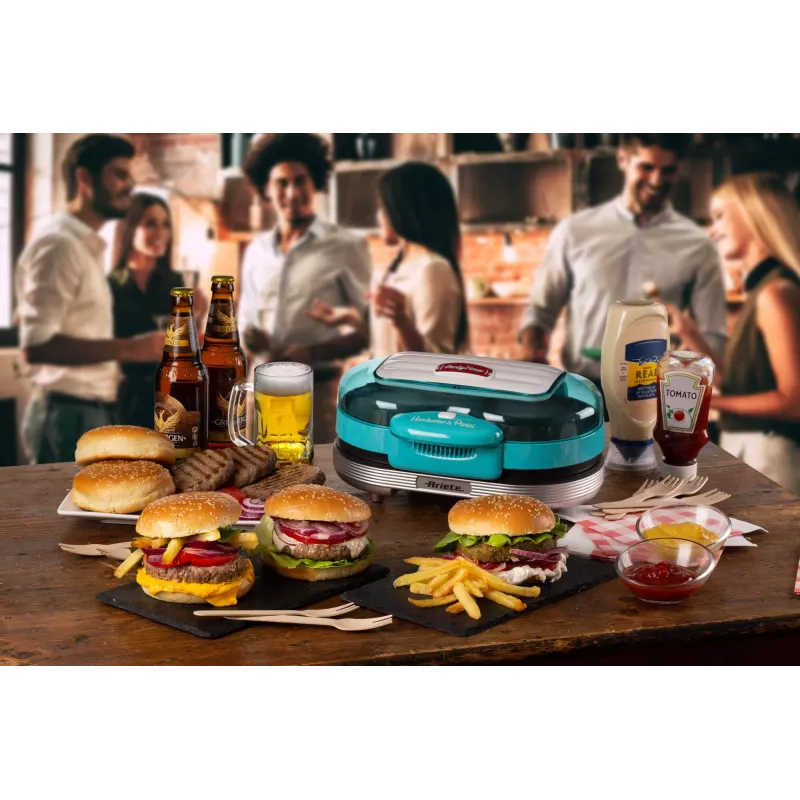 Ariete 205 Hamburger Maker Party Time, hamburgeru gatavošanas iekārta, 1200 W, dubultas nelīpošās plātnes, 2 nodalījumi, viegli tīrāma, zila