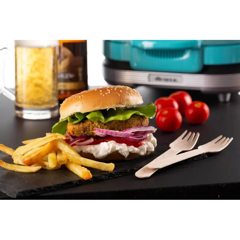 Ariete 205 Hamburger Maker Party Time, hamburgeru gatavošanas iekārta, 1200 W, dubultas nelīpošās plātnes, 2 nodalījumi, viegli tīrāma, zila