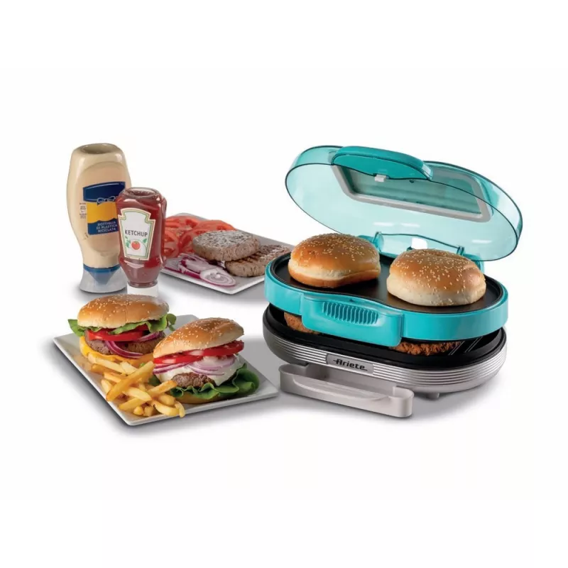 Ariete 205 Hamburger Maker Party Time, hamburgeru gatavošanas iekārta, 1200 W, dubultas nelīpošās plātnes, 2 nodalījumi, viegli tīrāma, zila