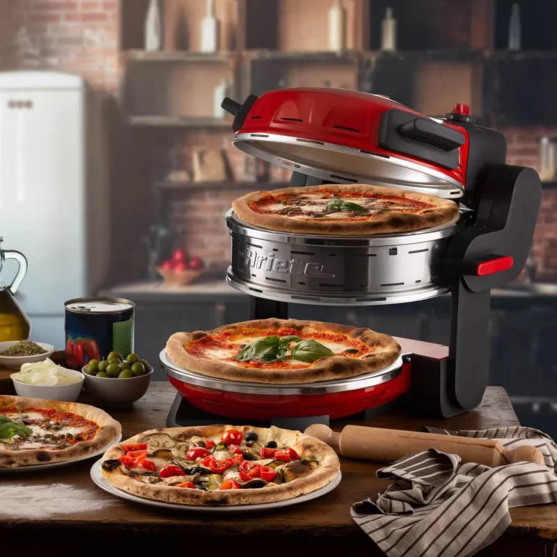 Ariete 927 Pizzeria, dubultā picas krāsns, 2 picas 4 minūtēs, 2300 W, 2 ugunsizturīgi akmeņi, 2 termostati, diametrs 32 cm, 5 cepšanas līmeņi, 2 nerūsējošā tērauda lāpstiņas, sarkana