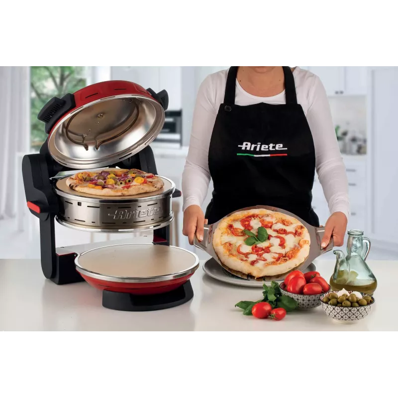 Ariete 927 Pizzeria, dubultā picas krāsns, 2 picas 4 minūtēs, 2300 W, 2 ugunsizturīgi akmeņi, 2 termostati, diametrs 32 cm, 5 cepšanas līmeņi, 2 nerūsējošā tērauda lāpstiņas, sarkana