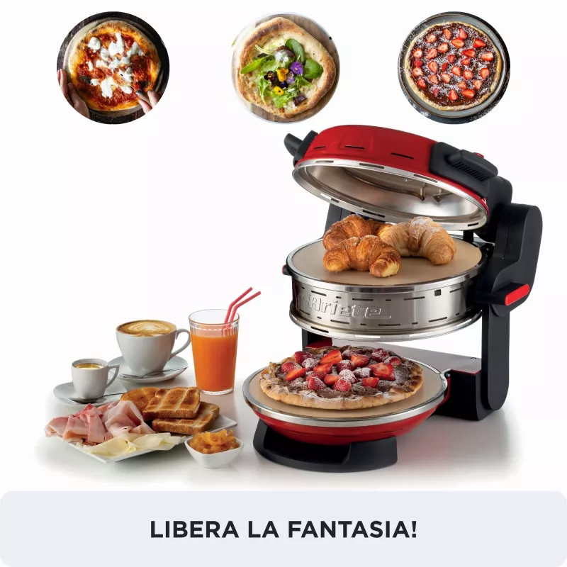 Ariete 927 Pizzeria, dubultā picas krāsns, 2 picas 4 minūtēs, 2300 W, 2 ugunsizturīgi akmeņi, 2 termostati, diametrs 32 cm, 5 cepšanas līmeņi, 2 nerūsējošā tērauda lāpstiņas, sarkana