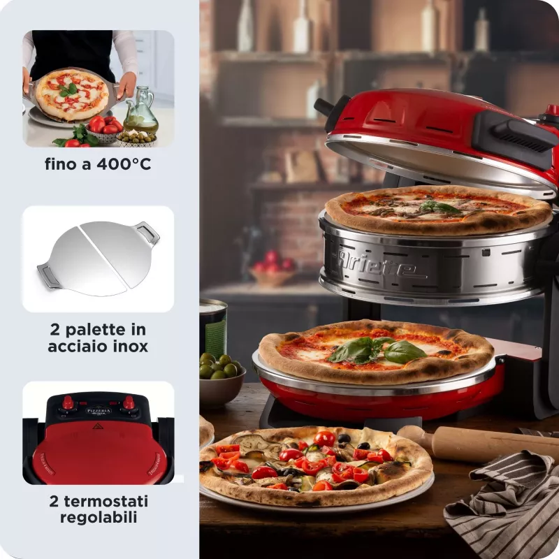 Ariete 927 Pizzeria, dubultā picas krāsns, 2 picas 4 minūtēs, 2300 W, 2 ugunsizturīgi akmeņi, 2 termostati, diametrs 32 cm, 5 cepšanas līmeņi, 2 nerūsējošā tērauda lāpstiņas, sarkana