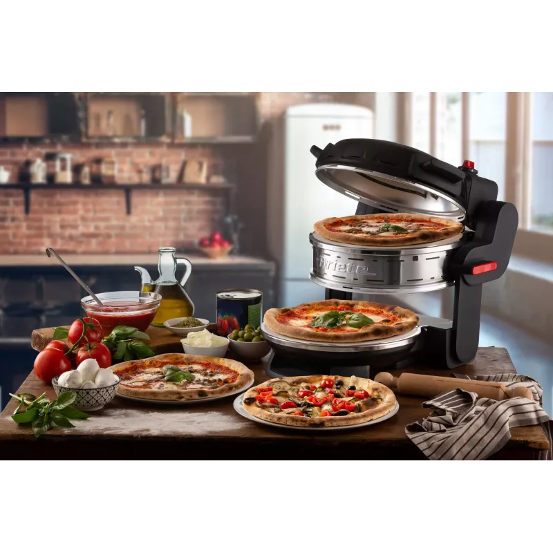 Ariete 927 Pizzeria, dubultā picas krāsns, 2 picas 4 minūtēs, 2300 W, 2 ugunsizturīgi akmeņi, 2 termostati, diametrs 32 cm, 5 cepšanas līmeņi, 2 nerūsējošā tērauda lāpstiņas, sarkana