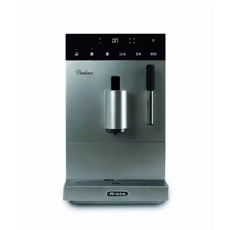 Ariete 1452 Diadema, automātiskais kafijas automāts, 1350 W, 19 bāru spiediens, kafijai, americano un karstajam ūdenim, kapučinatora ierīce, LED displejs, regulējams izvads, sudraba krāsā