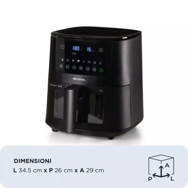 Ariete 4633, Karstā gaisa fritieris 4L, 1400W, Tilpums 4L, 9 programmas, Kratīšanas un grilēšanas funkcija, Temperatūra līdz 200°C, Melns