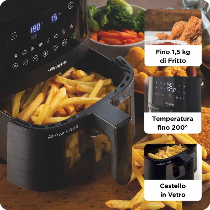 Ariete 4633, Karstā gaisa fritieris 4L, 1400W, Tilpums 4L, 9 programmas, Kratīšanas un grilēšanas funkcija, Temperatūra līdz 200°C, Melns
