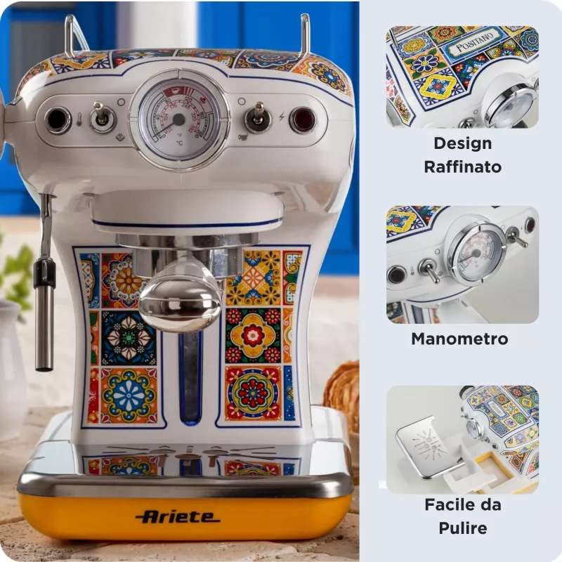 Ariete 1389 Positano kafijas automāts, 850W, tvertnes tilpums 0,9L, filtrs 1 vai 2 tasēm, pilēšanas paplāte, piena putotājs