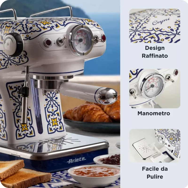 Ariete 1389 Capri kafijas automāts, 850W, Tvertnes tilpums 0.9L, 1 vai 2 tasīšu filtrs, Pilienu paplāte, Piena putotājs