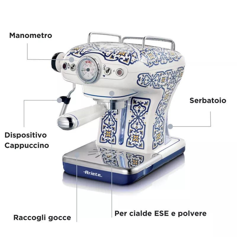 Ariete 1389 Capri kafijas automāts, 850W, Tvertnes tilpums 0.9L, 1 vai 2 tasīšu filtrs, Pilienu paplāte, Piena putotājs