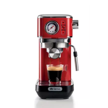 Ariete Moderna Line 1381 kafijas automāts ar manometru, saderīgs ar maltu kafiju un ESE podiņiem, 1300 W, 1,1 L ietilpība, 15 bāru spiediens, filtrs ½ krūzītei, kapučīno pagatavošanas ierīce, sarkans