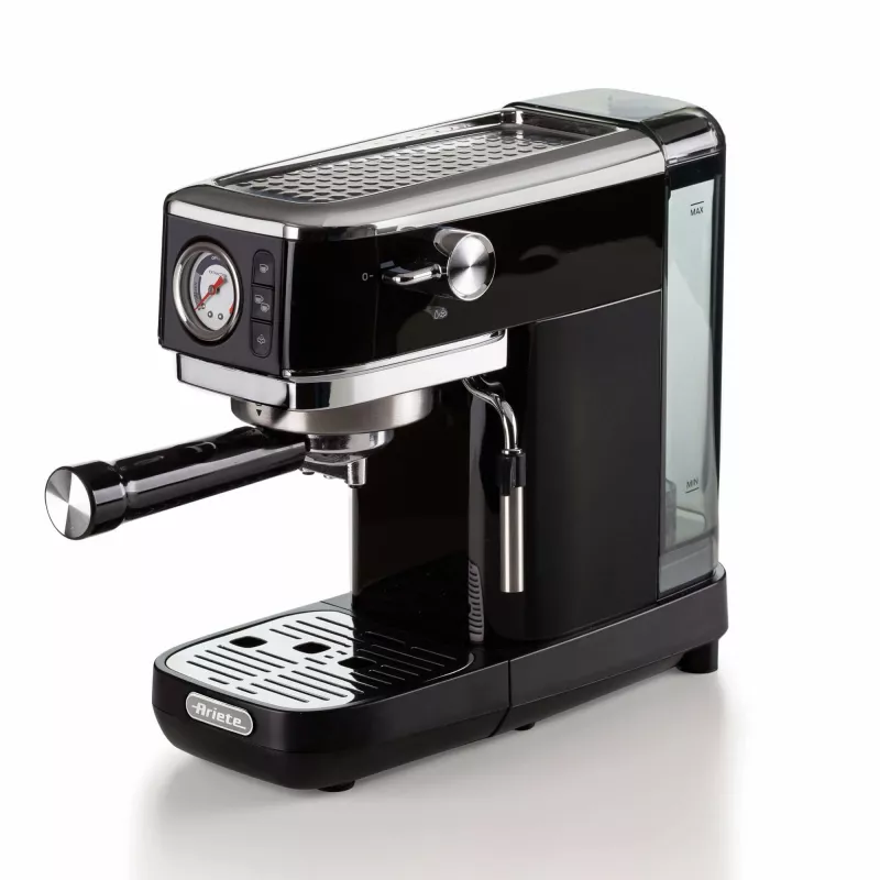 Ariete 1381 kafijas automāts ar manometru, saderīgs ar maltu kafiju un ESE podiņiem, 1300 W, 1,1 L ietilpība, 15 bāru spiediens, filtrs ½ krūzei, kapučīno ierīce, melna
