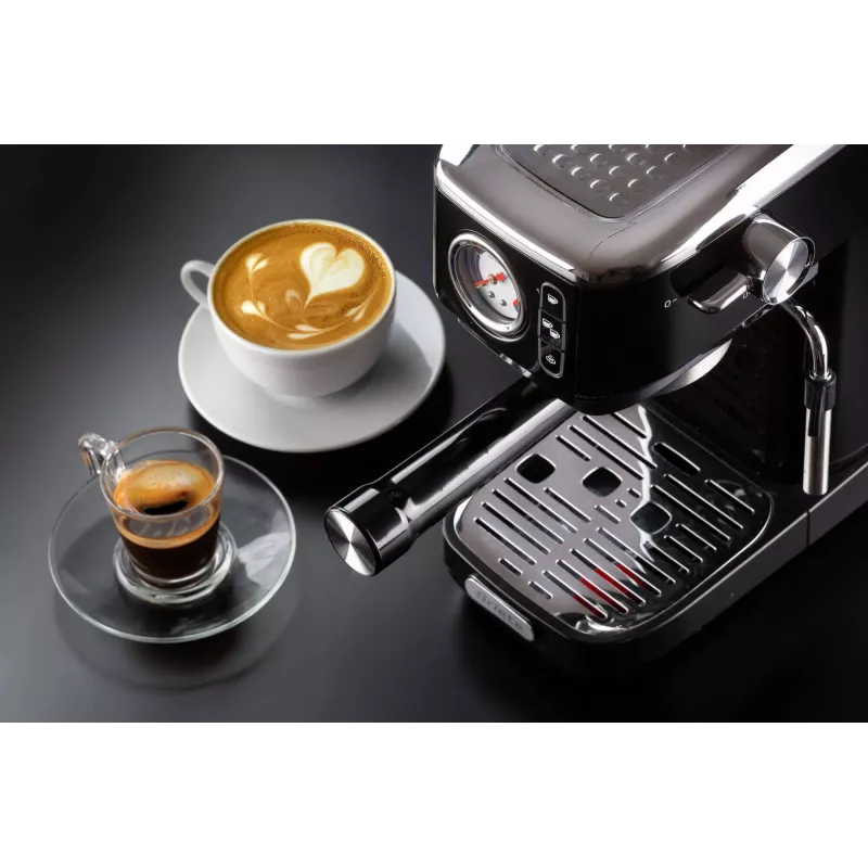 Ariete 1381 kafijas automāts ar manometru, saderīgs ar maltu kafiju un ESE podiņiem, 1300 W, 1,1 L ietilpība, 15 bāru spiediens, filtrs ½ krūzei, kapučīno ierīce, melna