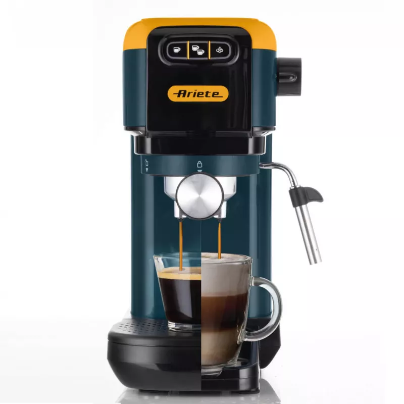 Ariete 1399 Espresso kafijas automāts, maltai kafijai un ESE kafijas pākstīm, 1300 W, 1,1 L tilpums, 15 bāru spiediens, 1, 2 tasīšu un ESE pākšu filtrs, kapučīno, dzeltenā krāsā