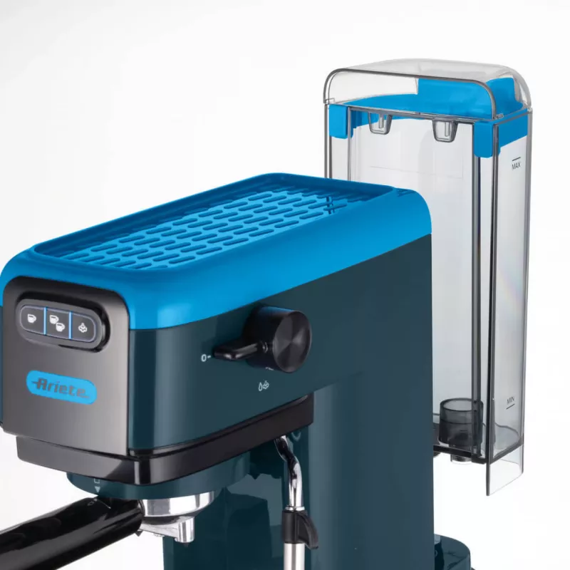 Ariete 1399 Espresso kafijas automāts, maltai kafijai un ESE pākstīm, 1300 W, 1,1 L tvertne, 15 bāru spiediens, 1, 2 krūzīšu un ESE pākstes filtrs, kapučīno, zils
